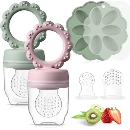 Baby Fruit Feeder with Mini Freezer Tray, 2 Pack Silicone Baby Food Feeder for Batch Prep, Breastmilk Popsicle Molds, includes 2 Extra Pouches and Lids, Dishwasher Safe, BPA Free