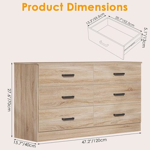 Bigbiglife Dresser for Bedroom, 6 Drawer Double Dresser, Modern Chest of Drawers with Deep Drawers, Dresser TV Stand Large Storage Organizer for Living Room, Closet (Light Oak)