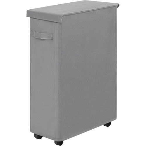 Chrislley Slim Laundry Hamper with Wheels, 45L Narrow Rolling Laundry Basket with Lid, Foldable Dirty Clothes Hamper Portable Skinny Hamper Storage Bins for Dorm, Bedroom (grey)