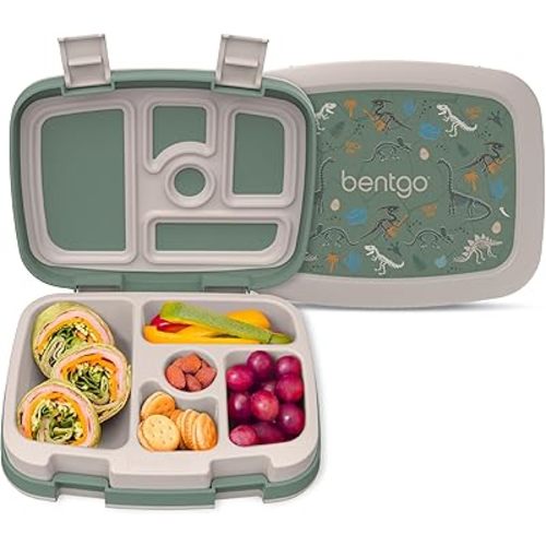 Bentgo Kids Prints Leak-Proof, 5-Compartment Bento-Style Kids Lunch Box - Ideal Portion Sizes for Ages 3-7, Durable, Drop-Proof, Dishwasher Safe, & Made with BPA-Free Materials (Dino Fossils)