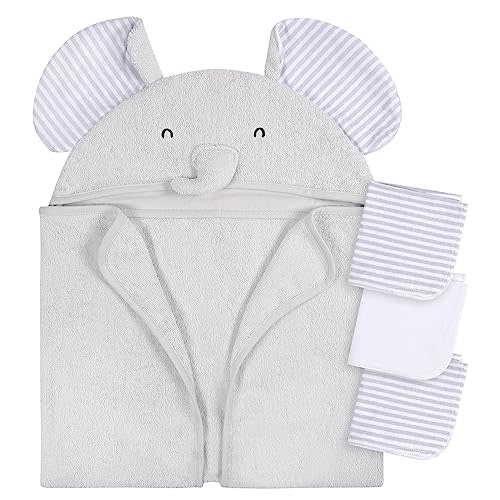 Gerber Baby 4 Piece Animal Character Hooded Towel and Washcloth Set, Grey Elephant, One Size