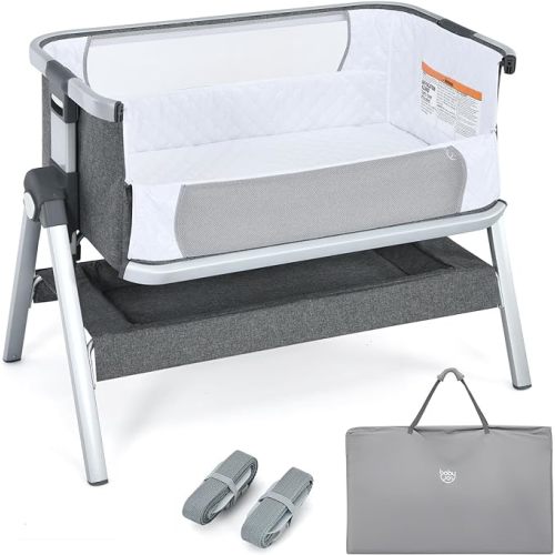 BABY JOY Bassinet, Portable Bedside Crib w/Mattress, Storage Basket, Built-in Pulleys, Adjustable Height & Travel Bag, Bassinet Bedside Sleeper for Newborn Infants (Gray) - 6-height, Grey