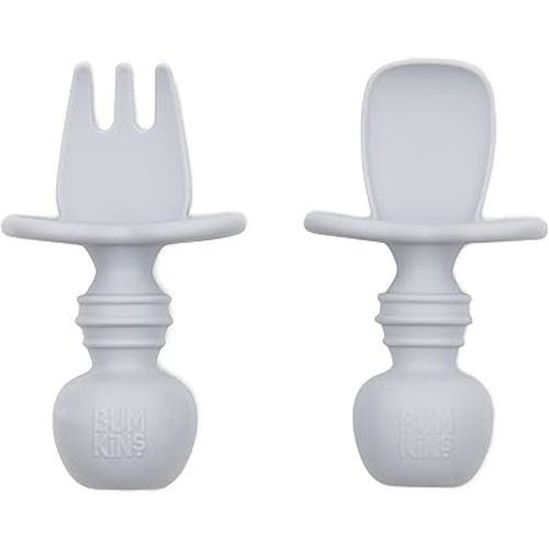 Bumkins Baby Utensils Set, Chewtensils Silicone Spoons for Dipping, Self-Feeding, Baby Led Weaning, Trainer Learning, First Stage Eating, Soft Practice Fork and Spoon, Babies 6 Months, Gray