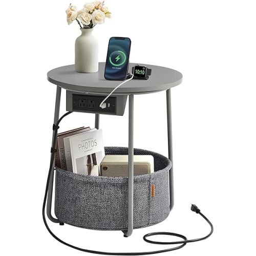 VASAGLE Side Table with Charging Station, Round End Table With Fabric Basket, Nightstand with Power Outlets USB Ports, for Living Room, Bedroom, Modern, Dove Gray and Slate Gray ULET228G01