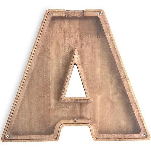 9.1 in Large Piggy Bank Boalord for Boys Girls Kids Adults Children Toddler,Wooden Letter Personalized Name Initial Alphabet Acrylic Clear See Through Unbreakable Wood Coin Money Bank (A)