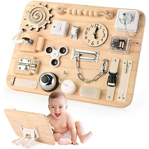 Potatomato Montessori Large Busy Board for 1 2 3 4 Year Old- Wooden Sensory Toys -Fidget Activity Board for Toddlers Boys and Girls- Motor Skills Gifts for ADHD & Autistic Children Kids