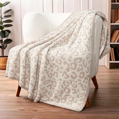 PAVILIA Super Soft Leopard Throw Blanket for Couch, Fluffy Cozy Lightweight Beige Cheetah Blanket, Fuzzy Warm Knit Blanket for Bed Sofa, Tan, 50x60