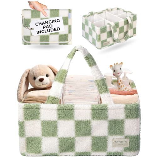 Checkered Diaper Caddy Organizer with Portable Changing Mat - Teddy Fleece Diaper Organizer for Changing Table - Caddy Organizer with Removable Dividers - Light Taupe and White