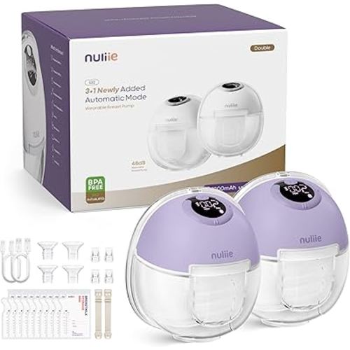Nuliie Hands-Free Breast Pump S32, Wearable Breastfeeding Pump 4 Modes 9 Levels with 18/21/24MM Flange, Electric Breast Pump Portable, Replaced Pumping Accessories Included (2 Packs, Purple)