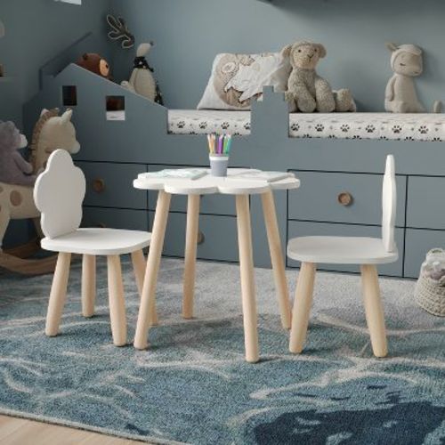 Buzz & Bloom Kids 3-Piece Wood Cloud-Shaped Table and Chairs Set, White/Natural