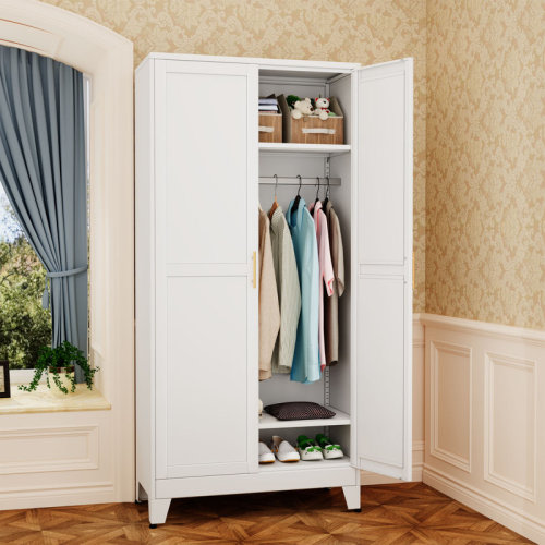 George Oliver Metal Clothing Storage Cabinets Armoire Wardrobe Closet With Hanging Rod And Adjustable Shelves For Bedroom & Reviews | Wayfair