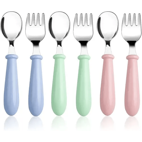 Pimoys 6 Pieces Toddler Utensils Kids Silverware Baby Forks and Spoons Set, Stainless Steel Childrens Safe Flatware Metal Kids Cutlery Set with Round Handle, Dishwasher Safe