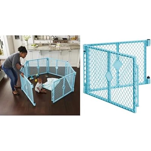 Toddleroo by North States Superyard Indoor/Outdoor 6-Panel Baby Play Yard with 2-Panel Extension Bundle, Made in USA: Freestanding. 18.5 sq. ft. to 34.4 sq. ft. Enclosure (26" Tall, Aqua)