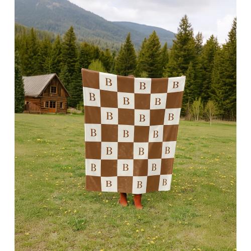 Custom Initial Name Blanket, Personalized Plush Throw, Letter Monogram Blanket,Checkered Custom Blanket, Couch Present Minky Blanket