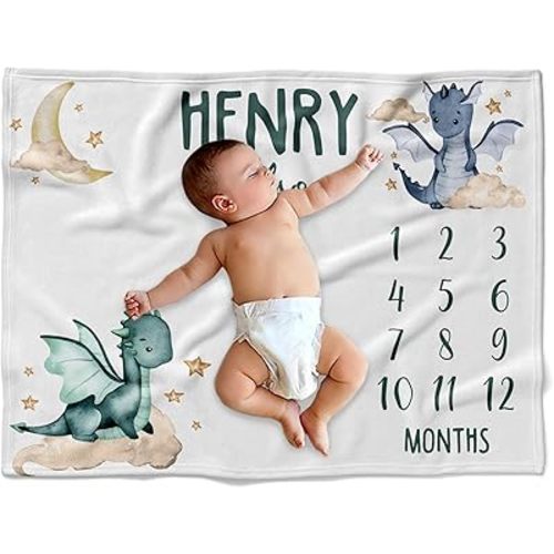 Personalized Dragon and Clouds Baby Blanket, Custom Name Monthly Milestone Fleece, Green & Blue Fantasy Growth Tracker, Magical Nursery Decor, Unique