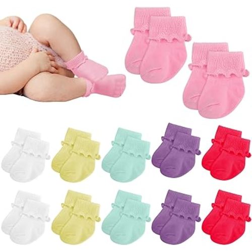 Toulite 12 Pairs Preemie Newborn Baby Ankle Socks Ruffle Turn Cuff Cotton Non-slip Warm Socks for Girls and Boys Infant
