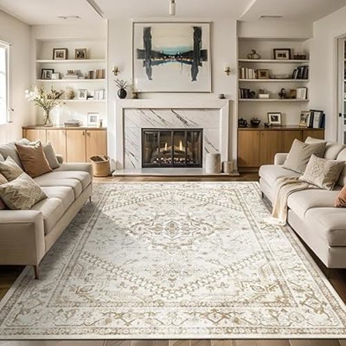 6x9 Area Rugs Washable Rug: Lagre Soft Living Room Rug Anti-Skid Indoor Floor Thin Carpet Vintage Stain Resistant Carpets for Bedroom Dining Room Farmhouse Nursery Office Beige