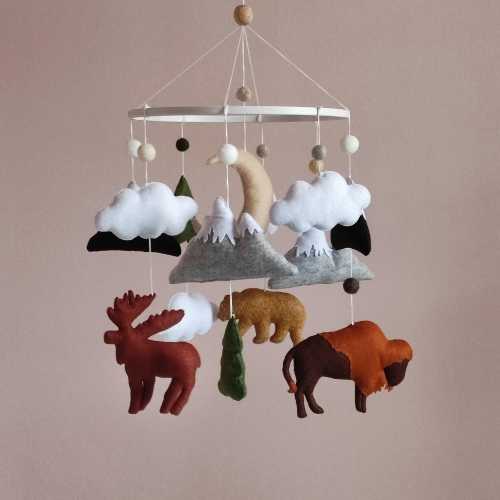 Woodland Baby Mobile With Moose, Bison, Bear For Mountain nursery decor, Baby Shower Gift
