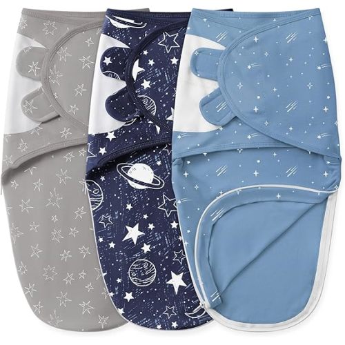 Unnivoll Baby Swaddles for Newborns with Zipper, 100% Cotton Newborn Swaddle Sack, 3 Pack Baby Swaddles 3-6 Months Swaddle Sleep Sack for Newborn Baby Boy Girl Blue Planet
