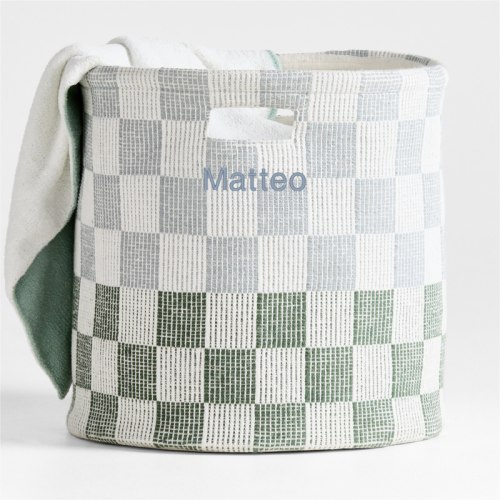 Personalized Hopscotch Mist Blue and Pine Green Checkerboard Large Floor Storage Bin