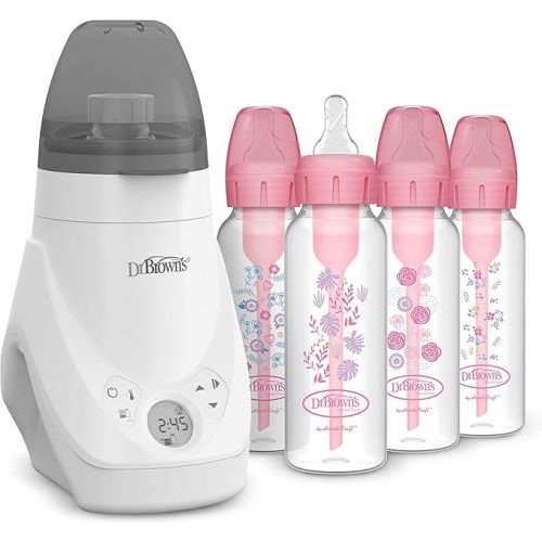 Dr. Brown’s Deluxe Baby Bottle Warmer and Sterilizer for Bottles and Baby Food Jars with Anti-Colic Options+ Narrow Baby Bottles 8 oz/250 mL, Level 1 Slow Flow Nipple, 4 Pack, 0m+, Pink Floral