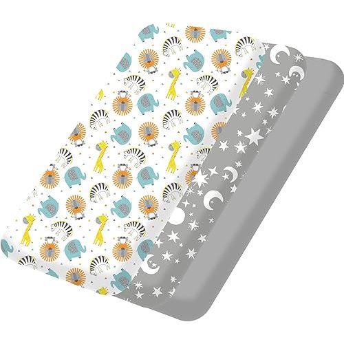 bimocosy Baby Crib Sheet, Mini Crib Sheet, Toddler Bed Sheets, for Boys/Grils/Baby, 3 Pack,Size 38"x 26", Fitted Crib Sheets, Microfiber Pack N Play Sheets Fitted, Stars/Animals/Grey