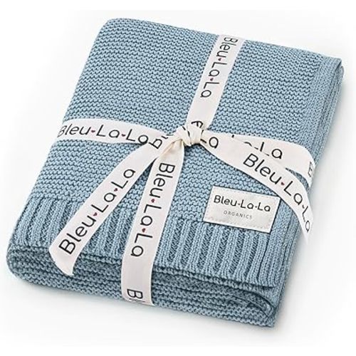 Organic Cotton Knit Receiving Blanket for Boys - 100% Luxury Soft Organic Cotton - Warm Cozy Swaddle Cuddle Stroller Crib Blanket for Newborns Infants & Toddlers (0-2Yrs - Sky Blue)