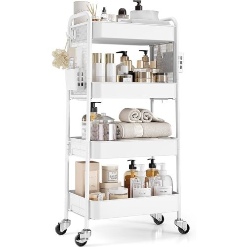 TOOLF 4 Tier Rolling Cart with Pegboard, Metal Storage Organizer Cart with Wheels, Hooks & Bins Esthetician Craft Art Sturdy Storage for Bathroom, Kitchen, Office, Nursery Diaper