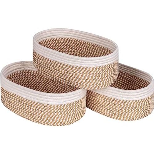 Shelf Storage Baskets for Organizing|Decorative Basket for Closet Storage|Toy Baskets&Bins|Small Woven Rope Baskets-13x8.66x5.11’’,Durable&Stylish,Oval 3 Packs Off White&Mixed Camel