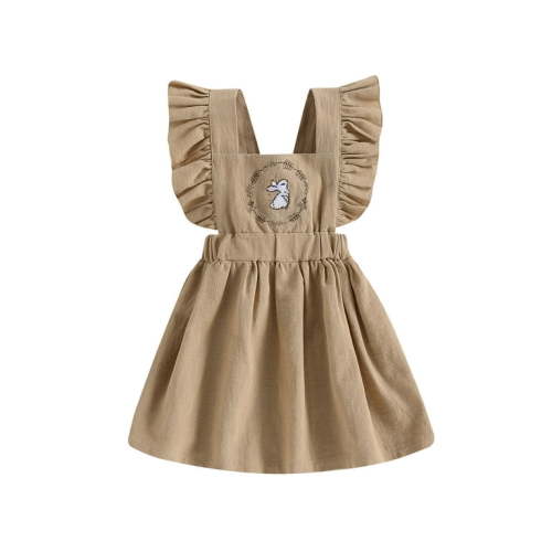 Qtinghua Infant Baby Girls Easter Dress Cute Bunny Embroidery Sleeveless Ruffle Suspender Dress Clothes Khaki 12-18 Months