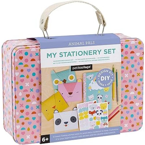 Petit Collage DIY Arts and Crafts Kit, Stationery Design – Craft Kit for Kids Includes 12 Animal Notecards, 1 Blank Journal, 2 Sticker Sheets, 4 Colored Double-Sided Pencils & Instructions