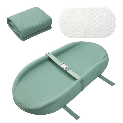 Contoured Changing Pad with 2 Soft & Washable Covers and 1 Waterproof Changing Pad Liner, Waterproof Lining Foam Baby Changing Table Pads for Dresser Top, 3216, Sage Green
