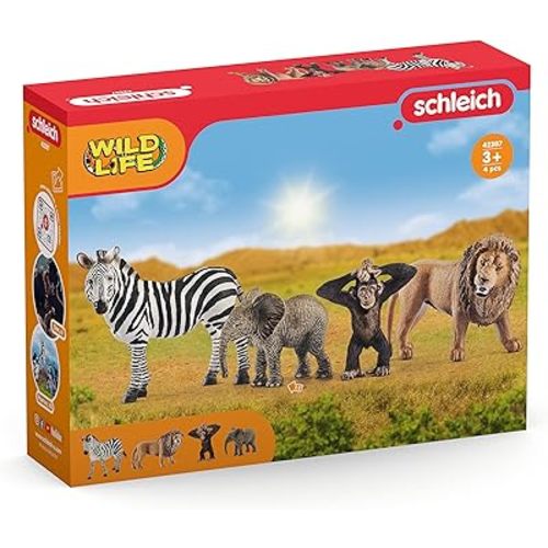 Schleich Wild Life - 4 PC Safari Animals Figurines Set with Panther, Monkey, Giraffe, Hippo Toys - Realistic African Animal Figures Playset for Boys and Girls - Educational Toys for Kids Ages 3+