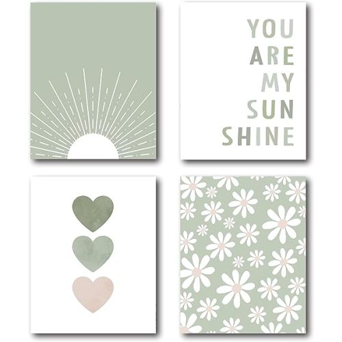 XWELLDAN Boho Sage Green Sun You Are My Sunshine Daisy Flower Heart Poster Wall Art Prints,Boho Gifts for Girls,Bohemian Wall Art Decor for Baby Girls Room Nursery,8 x 10 Inch Set of 4 Prints,Unframed