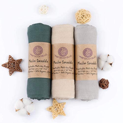 Meracorallo Muslin Swaddle Blanket Silky Soft Receiving Blanket Neutral Swaddle Wrap for Baby Boys and Girls, 47 x 47 inches, Set of 3 Solid Color (Green+Beige+Gray)