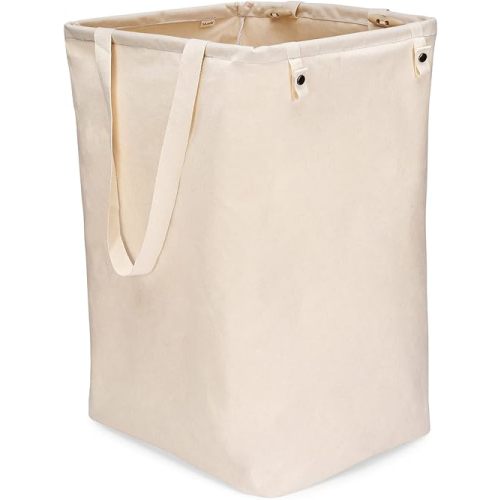 Full Circle Loads of Fun Collapsible Hamper – Laundry Basket for Dirty Clothes & Towels– Tall Standing Organic Cotton Laundry Bag with Long Handles - Ideal for Bathroom, Bedroom or Kids’ Room, Natural Large
