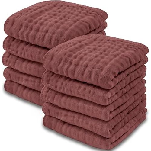 Comfy Cubs Muslin Baby Washcloths 10 Pack - Soft 6-Layer Cotton Wash Cloths for Sensitive Skin - 10"x10" Large, Gentle, Absorbent Infant Essentials for Newborn and Toddlers - (Wine)