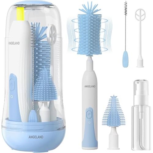Electric Bottle Brush Cleaner, Rechargable Electric Baby Bottle Brush Cleaner with Nipple & Straw Brush, Travel Baby Bottle Brush with Drying Rack, Perfect Essentials for Mom After Birth, Blue