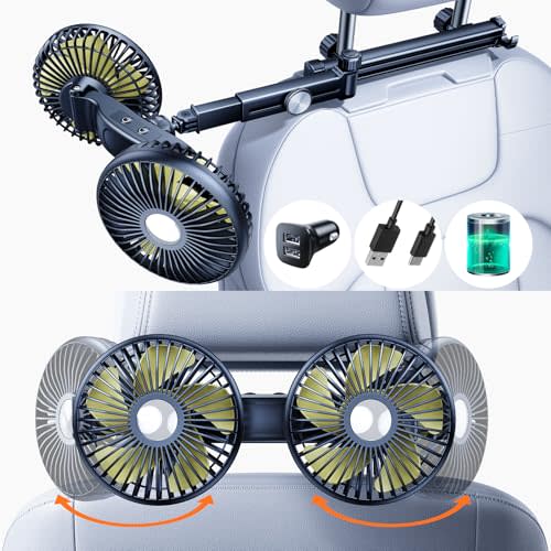 Nauttxon Battery Fan for Car Backseat Kids with Retractable Long Arm, Rechargeable Car Seat Fan That Blow Cold Air for Dogs [Comes with Car Charger &USB C Cable*1] Separate Control for Vehicles SUV RV