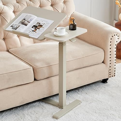 Tilt Overbed Table Height Adjustable, Hospital Bed Table Rolling Computer Cart Standing Laptop Desk 28"W x 16"D, Right Hand Use Over bed Table with Wheels Hospital Home Office, Greyish White