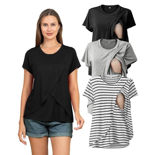 Rnxrbb Paquete de 3 camisetas de lactancia para mujer, para lactancia materna, verano, de manga corta, posparto, ropa de doble capa