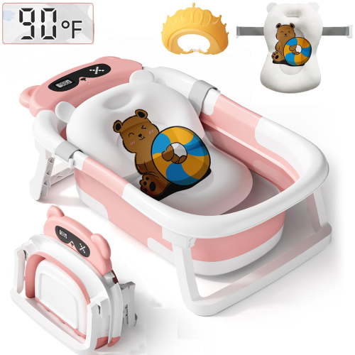 TOPCHANCES Collapsible Baby Bathtub with Thermometer, Newborn Shower Tub with Baby Tub Cushion & Bath Cap, Portable Baby Folding Bathtub for 0-36 Month Newborn, Pink