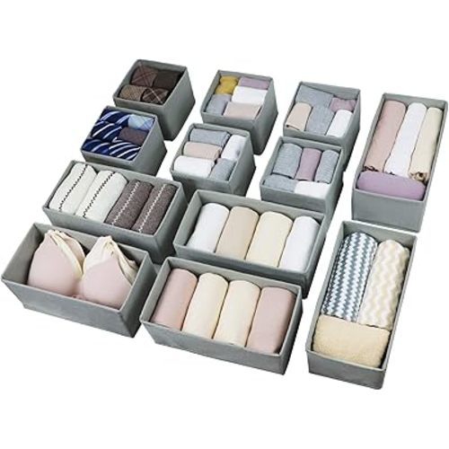 Set of 12 Drawer Organizer, Fabric Closet Organizer and Storage Baskets,Foldable Drawer Divider for Clothing,Sock,Ties,Underwear Drawer Organizers,Set of Cabinet Storage Boxes (Gray)