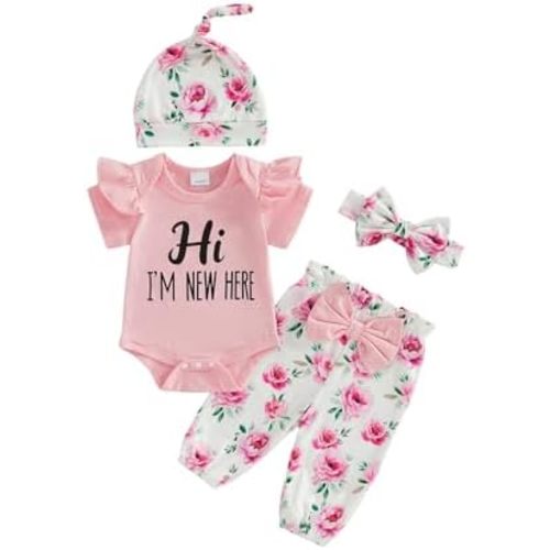 Hello World Newborn Outfit Baby Girl Going Home Outfit Ruffle Ribbed Romper Top Floral Pants Set Cute Summer Clothes