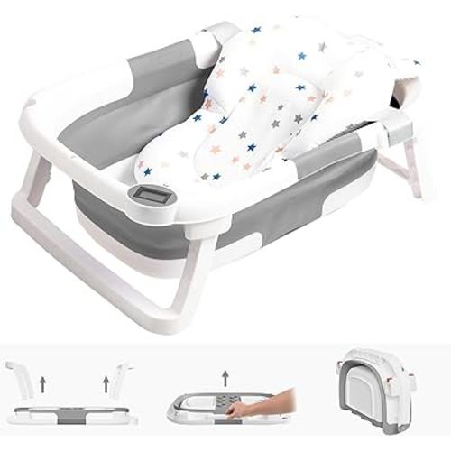 Collapsible Baby Bathtub,Baby Bath Tub with Soft Cushion & Thermometer,Baby Bathtub Newborn to Toddler 0-36 Months,Portable Travel Baby Tub (Gray)