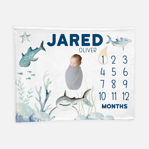 Shark Baby Boy Blanket, Shark Milestone Blanket, Baby Boy Nautical, Personalized Baby Blanket, Ocean Life Nursery, Marine Life Nursery O32