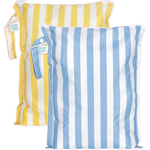 Bumkins - Waterproof Wet Bag - For Baby, Travel, Swim Suit, Cloth Diapers, Pump Parts, Pool, Gym, Toiletry, Strap to Stroller - Reusable & Easy to Clean - 2pk - Yellow & Blue Stripe