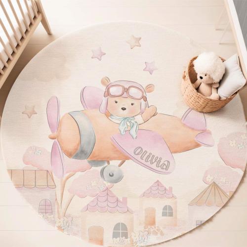 Little Aviator Rug Baby Girl Room Decor Flying Airplane Round Carpet Custom Name Nursery Mat Kids Playroom Mat Sky Cloud Kids Birthday Gift