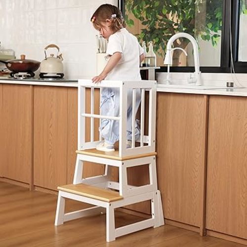 Kids Kitchen Step Stool, Ideal Toddler Learning Standing Tower, 2025 New Upgrade with an Anti-tip Structure and Anti-Drop Safety Bar, More Stable and Safer - White Natural