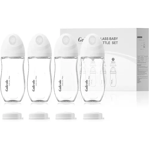Natural Glass Baby Bottle 8 oz for Breastfed Babies, Anti-Colic Baby Bottle Set with Medium Flow Nipple, 3 Months +, 4 Pack - White